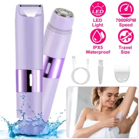 2 In 1 Bikini Trimmer For Women Dual Head Cordless Body Shaver IPX5 Waterproof Rechargeable Pubic Hair Razor Wet And Dry Use For Bikini Underarm (Option: Purple)