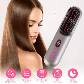 Cordless Negative Ion Hair Straightener Brush Rechargeable Mini Styling Comb With 12 Heating Levels Anti-scald 30S Preheating 30Mins Auto Sleep L (Option: Grey)