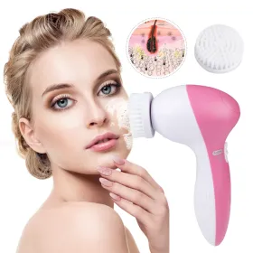 Facial Cleansing Brush Waterproof Face Spin Cleaning Brush With 5 Brush Heads (Option: Pink)